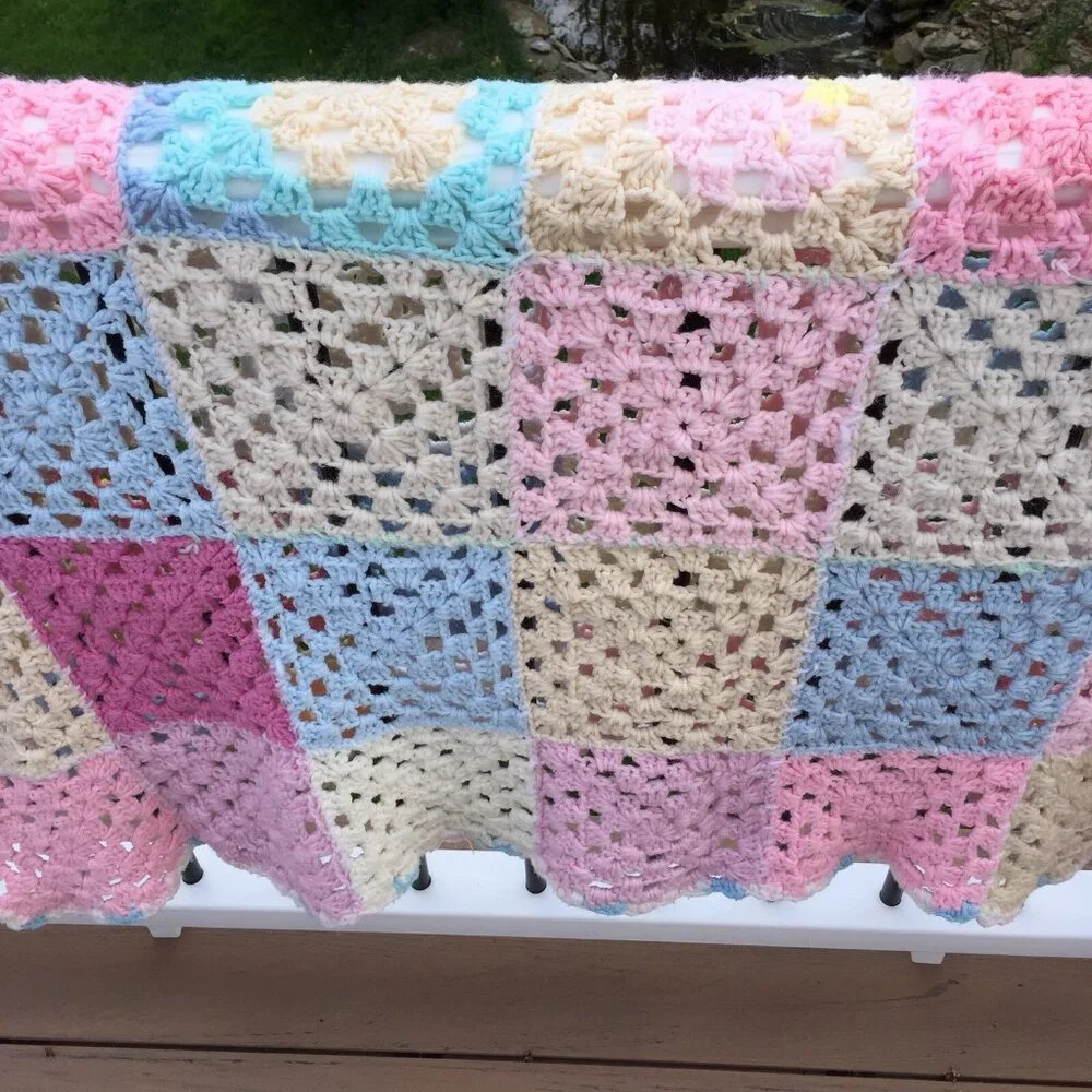 Crochet Knit Afghan Throw Blanket Granny Square Pastels Baby Pink Blue Sofa Cozy